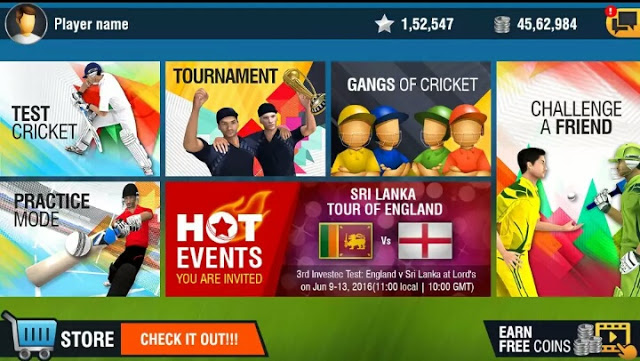different gaming modes like practice mode, test cricket, tournament