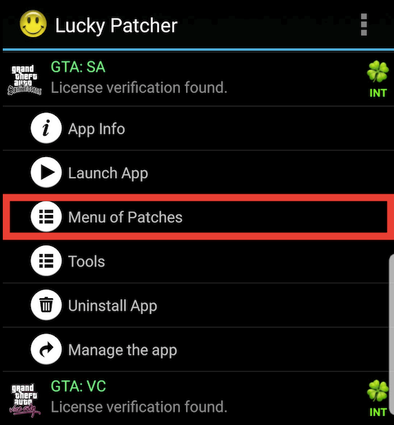 open menu of patches