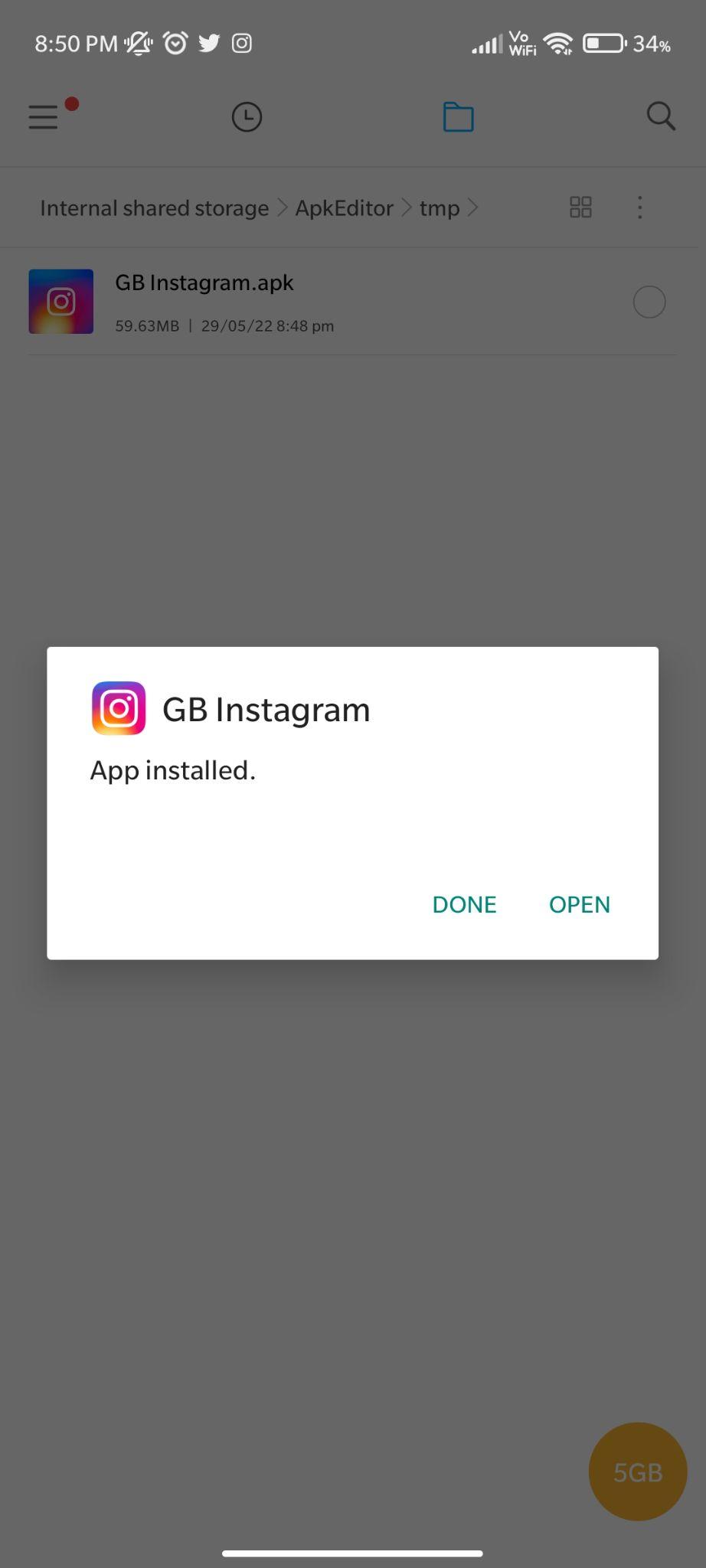 gb instagram apk installed