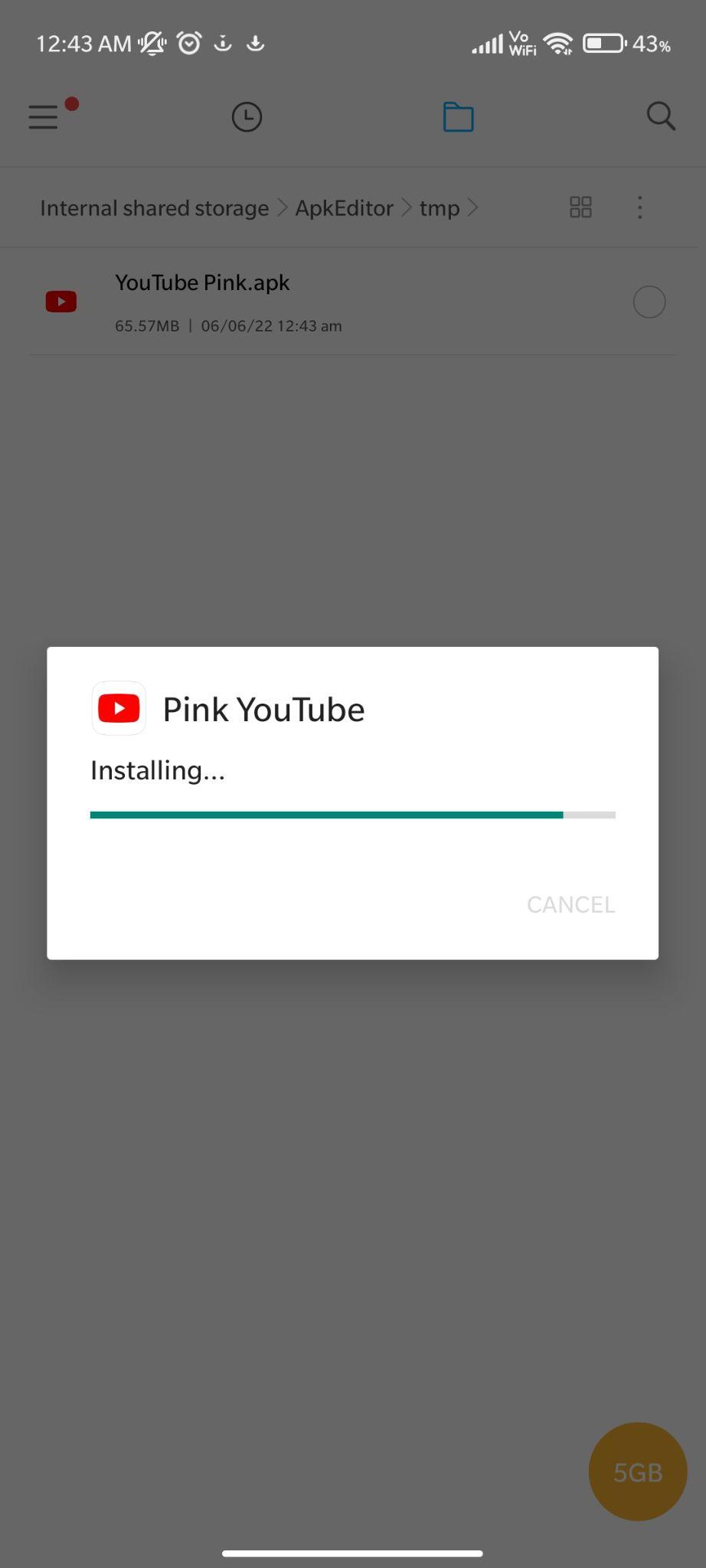 pink youtube apk installing