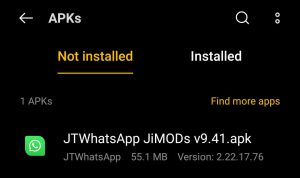 locate the downloaded JTWhatsApp apk file
