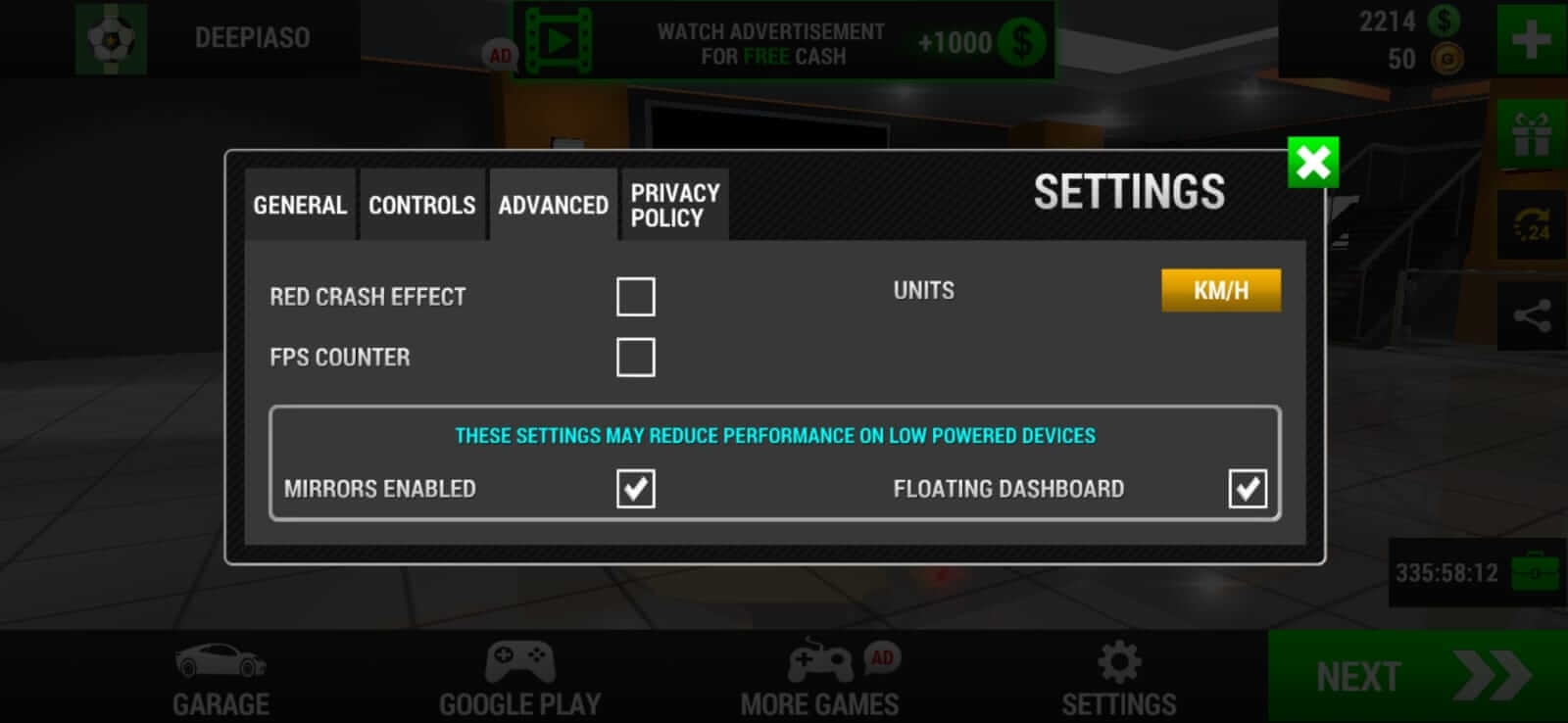 Captura de tela dos limites de corrida