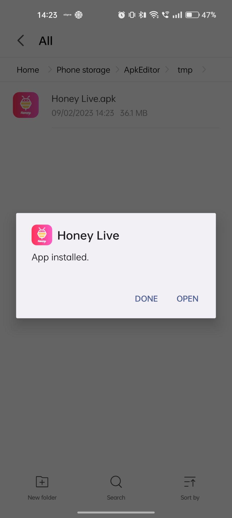 Honeylive apk installed 