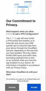 Accept the 1.1.1.1 VPN Privacy Policy