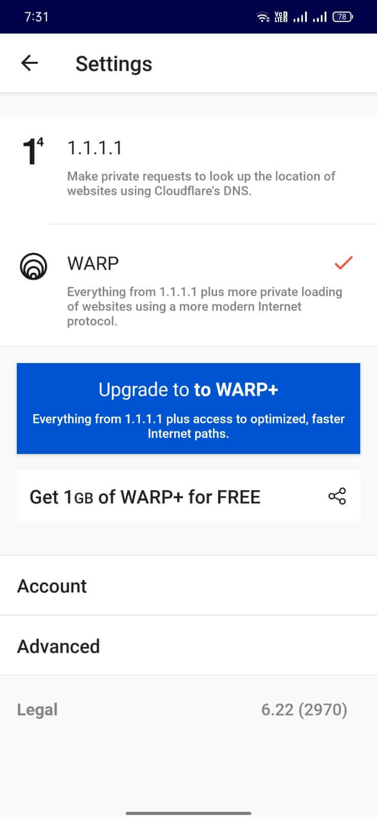 1.1.1.1 VPN + WARP screenshot
