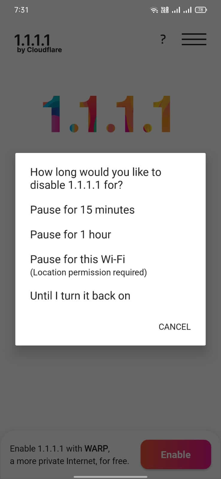 1.1.1.1 VPN + WARP screenshot