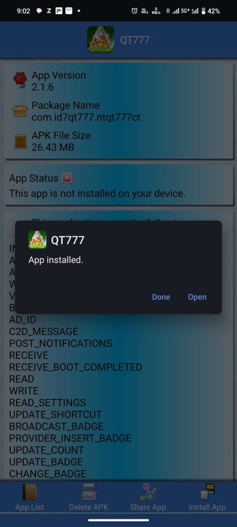 QT777 APK installed