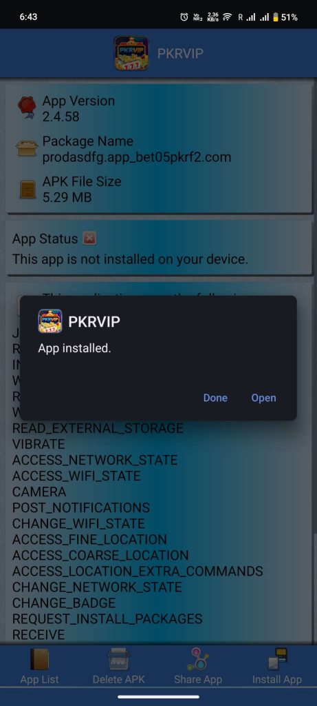 PKR Vip APK installed