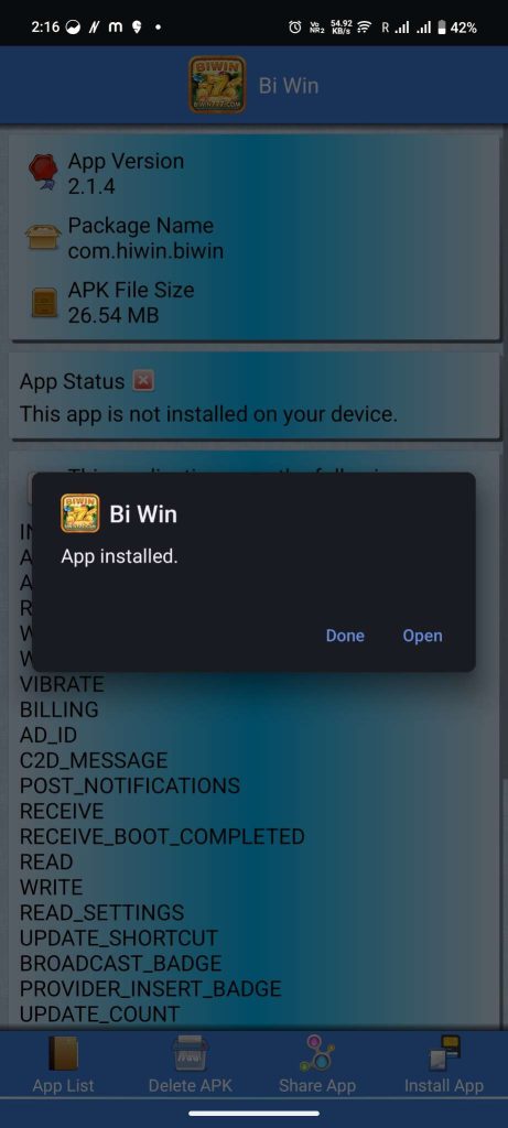 Biwin777 APK installed